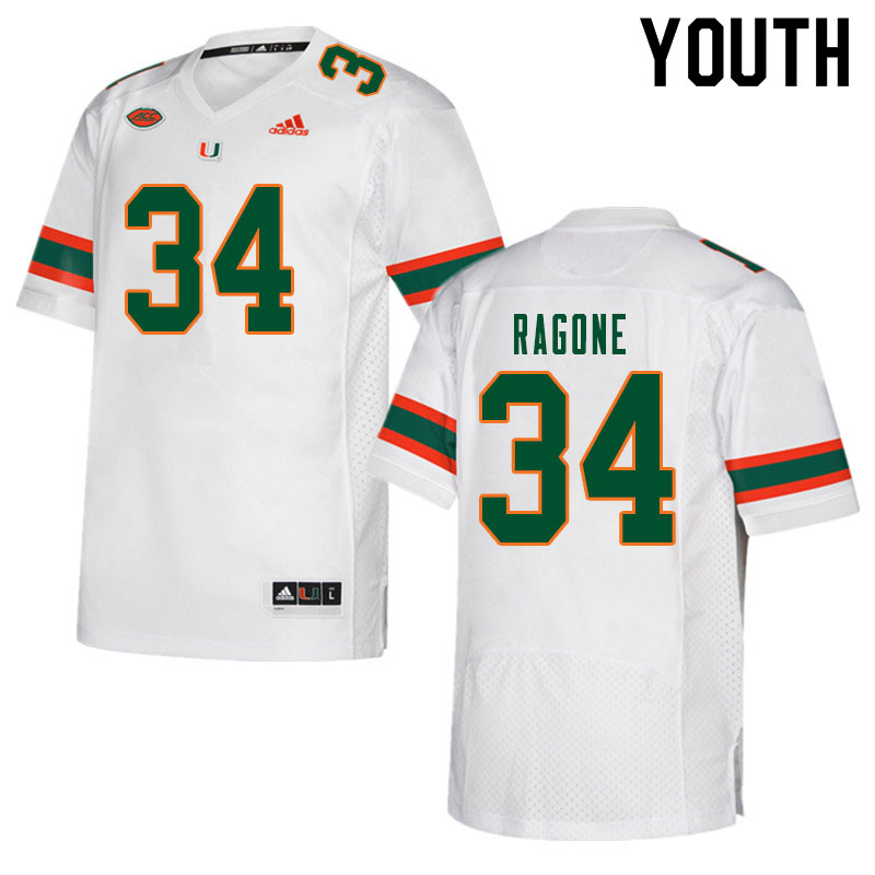 Youth #34 Ryan Ragone Miami Hurricanes College Football Jerseys Sale-White - Click Image to Close